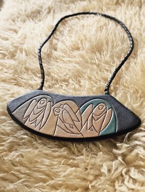 Vintage Tooled Leather Angel Necklace Abstract Boho Southwestern
